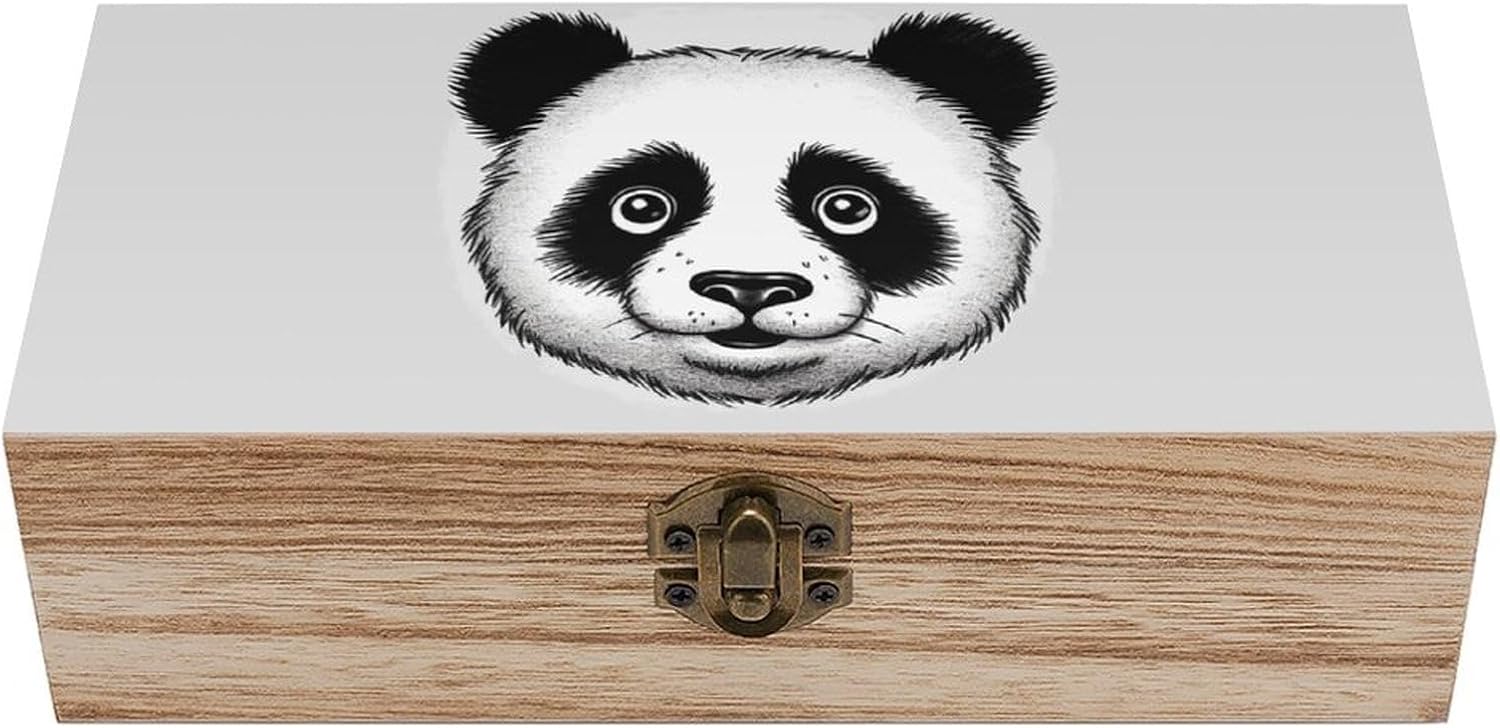 Wooden Storage Box Anime Panda Face Wood Gift Box with Hinged Lid Vintage Decorative Jewelry Boxes Memory Box for Jewelry Art Hobbies Home Storage Treasure Keepsake Gift 7.9''x3.9''x2.3''