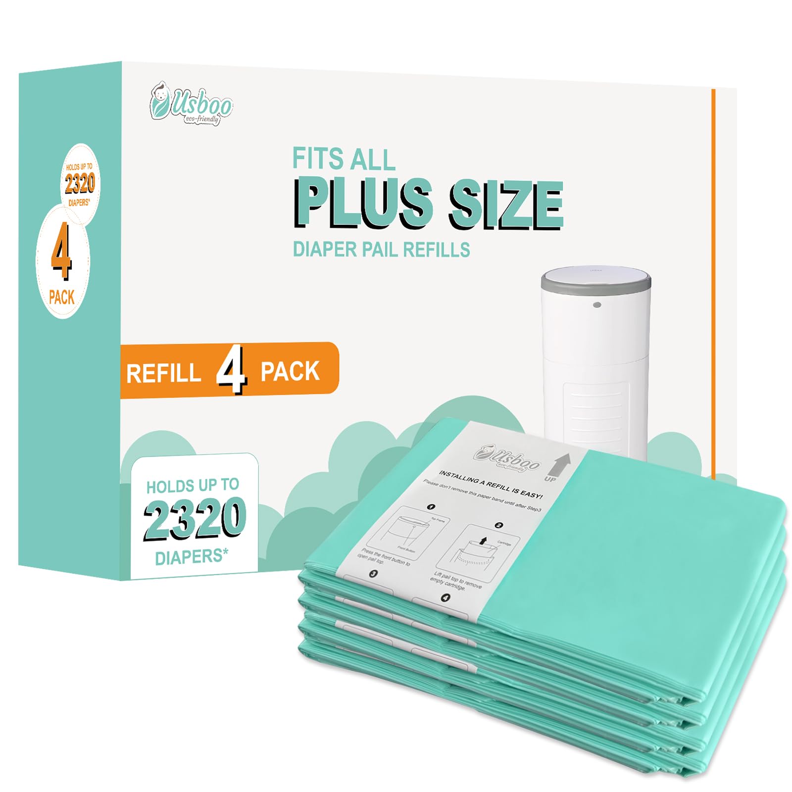 USBOO Refills Compatible with Dekor Plus Diaper Pail,4 Pack Diaper Pail Refill Bags Liners, Reinforced Thickness Diaper Trash Bags, Holds up to 2320