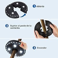 Vista 3 de Parasol de sombrilla para patio, luces 3 en modo brillo e inalámbrico, 28 luces LED en 220 Lux. 4 x AA baterías de función, sombrilla con pértiga