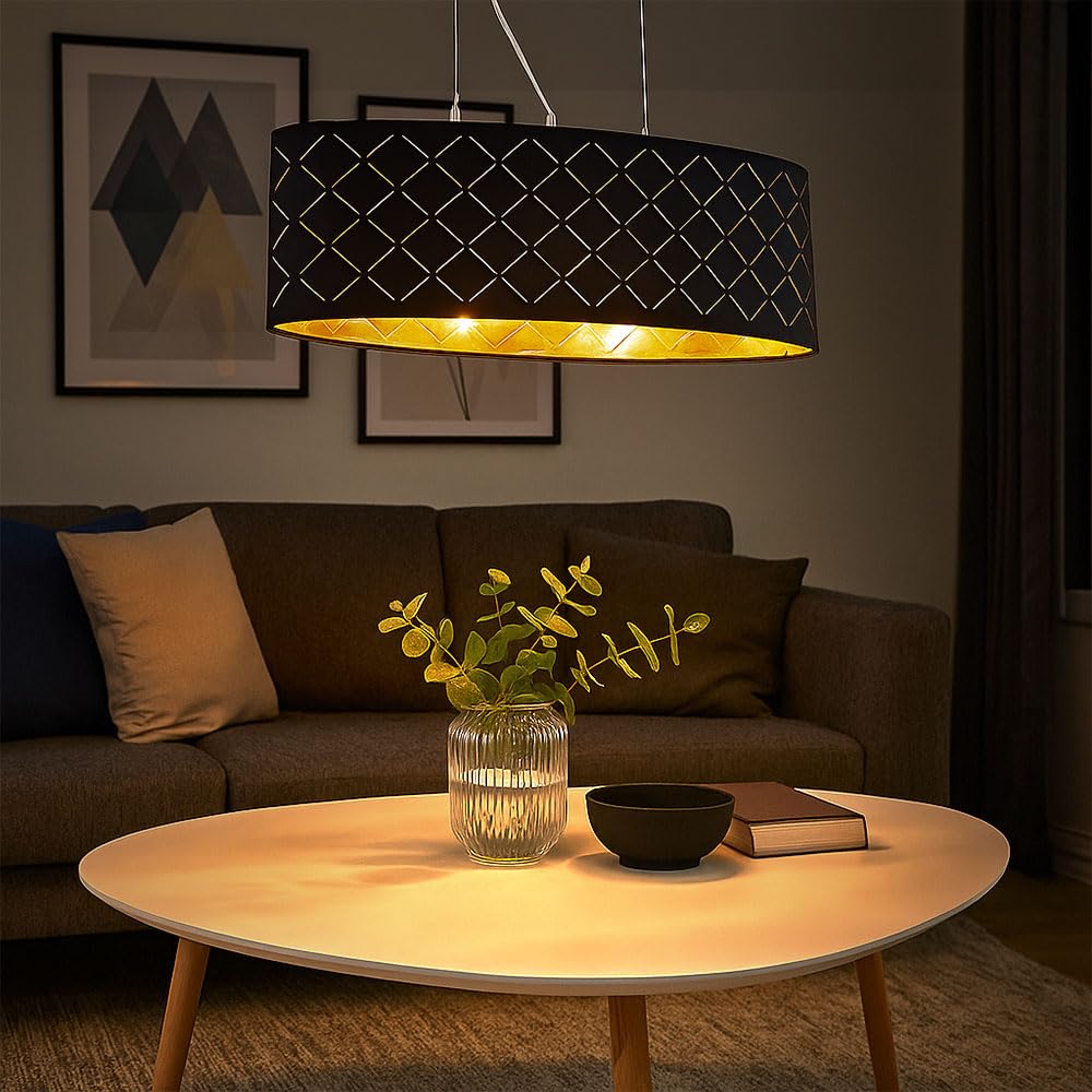 Deckenleuchte Lampe Wohnzimmer hängend schwarz gold Wohnzimmer hängend Hängelampe Esstisch, 3 Flammig Stanzungen, Metall Textil, 3x LED 7W 806Lm 2700K, LxBxH 65x25x140 cm