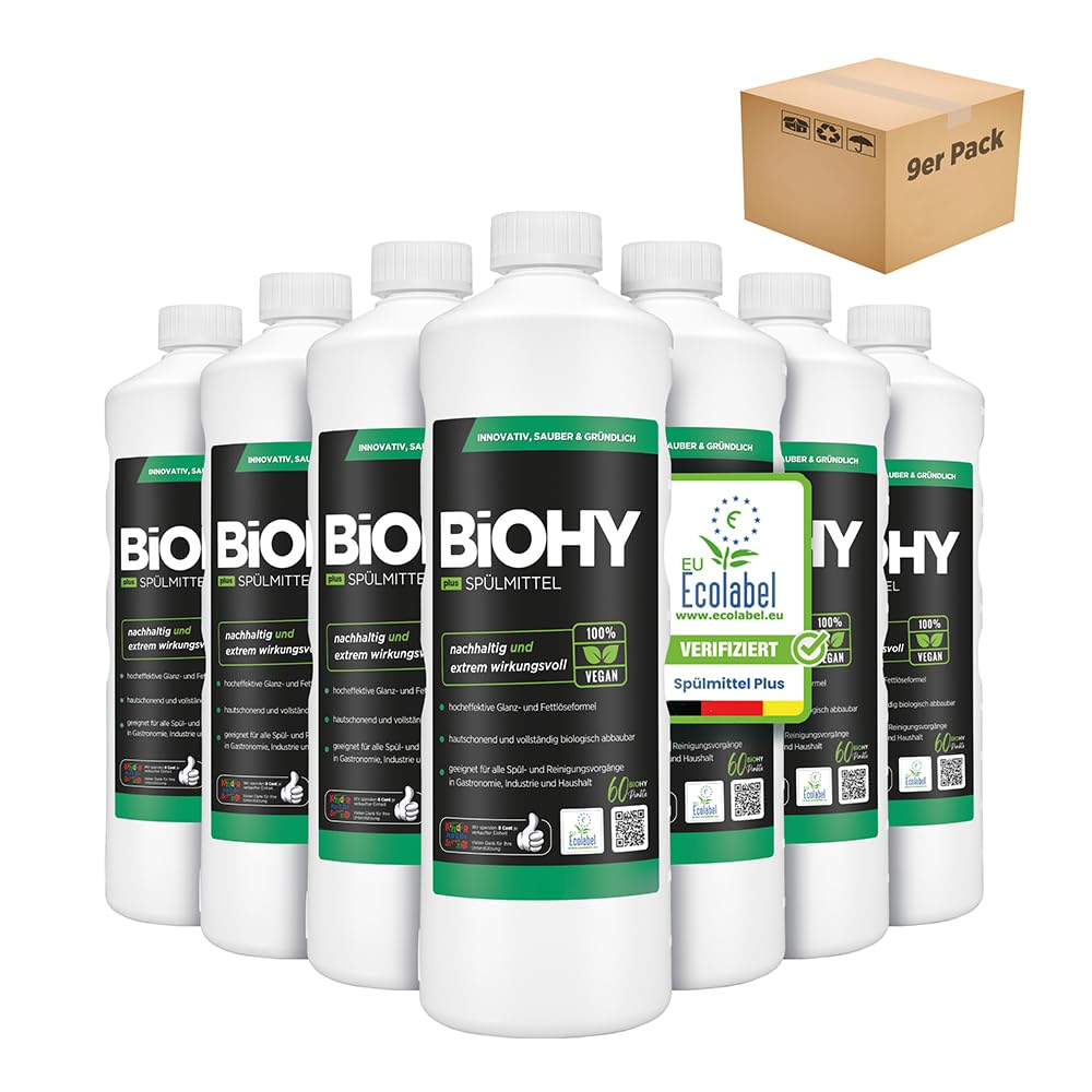 BiOHY Płyn do mycia naczyń Plus (9 x 1 litr) | ekologiczny koncentrat do naczyń z EU Ecolabel | bardzo mocny rozpuszczalnik do usuwania tłuszczu | idealny do dozownika płynu do mycia naczyń |