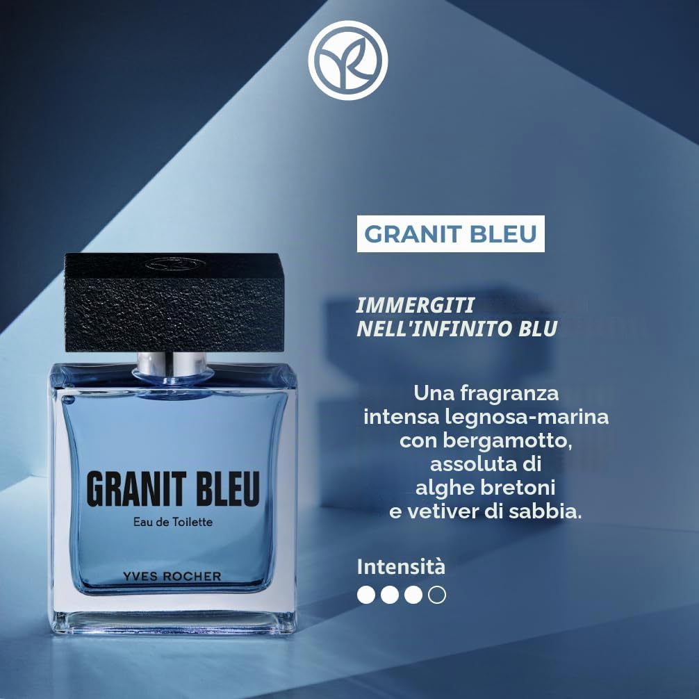 Yves Rocher Granit Bleu - Eau de Toilette da uomo, 50 ml | Profumo da uomo legnoso marino con bergamotto - alga bretone - idea regalo per uomini