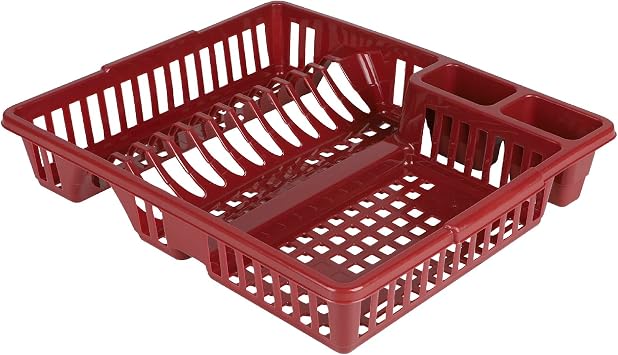 Large Plastic Dish Drainer Plate Cutlery Rack Kitchen Sink Utensil Draining Cup Holder Basket Dish Drying Washing Up Storage Tray for Kitchen Sink Counter Top Red