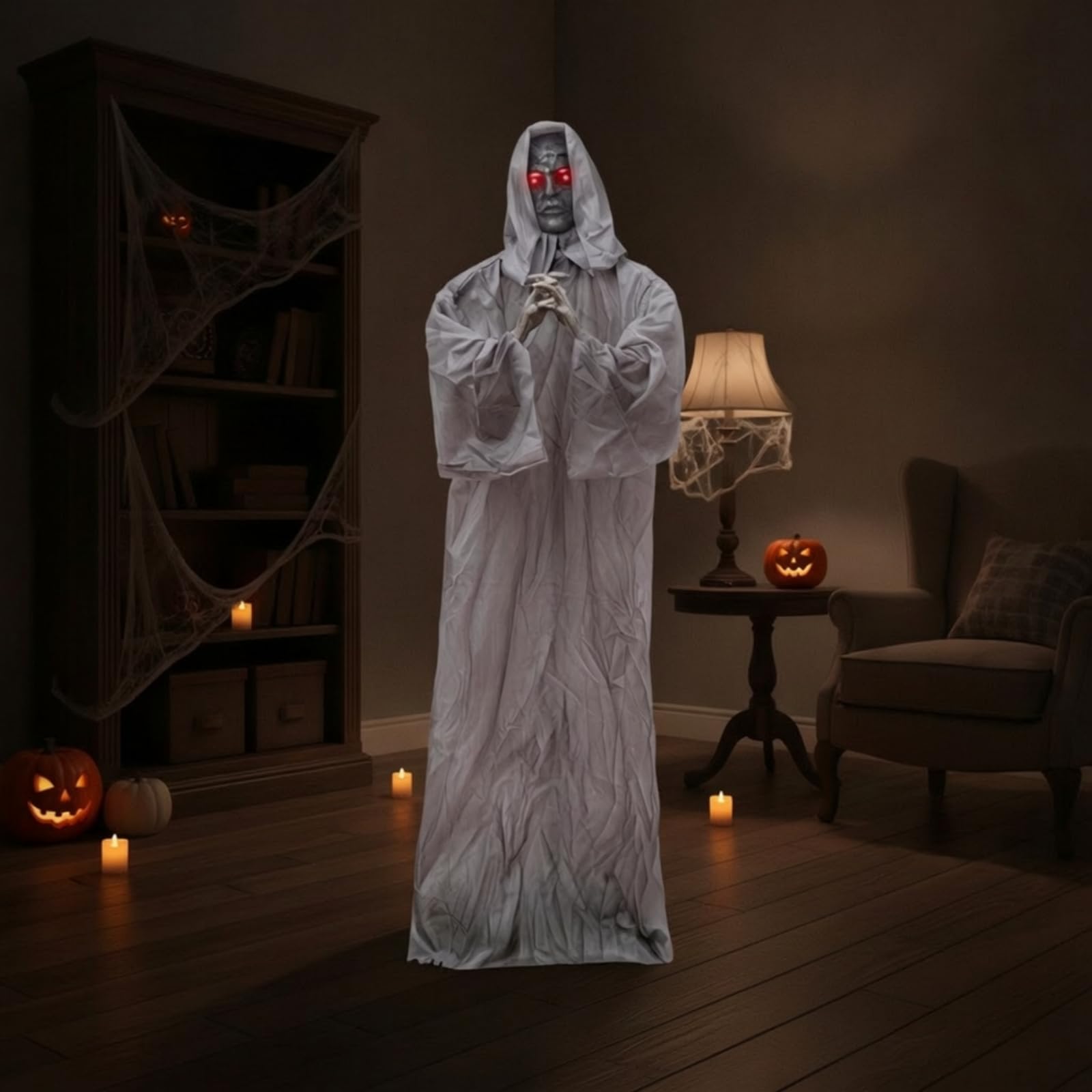 de con Capucha Figura Decorativa de Festival Estatua de Halloween Adorno con Material de Plástico y Tela Activación por Sonido y Temblores Adecuado para Fiestas Entradas Interiores
