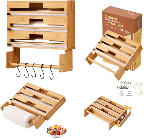 Dispensador de papel de bambú 4 en 1 para toallas de papel de aluminio y plástico Dispensador de papel de aluminio Dispensador de papel de