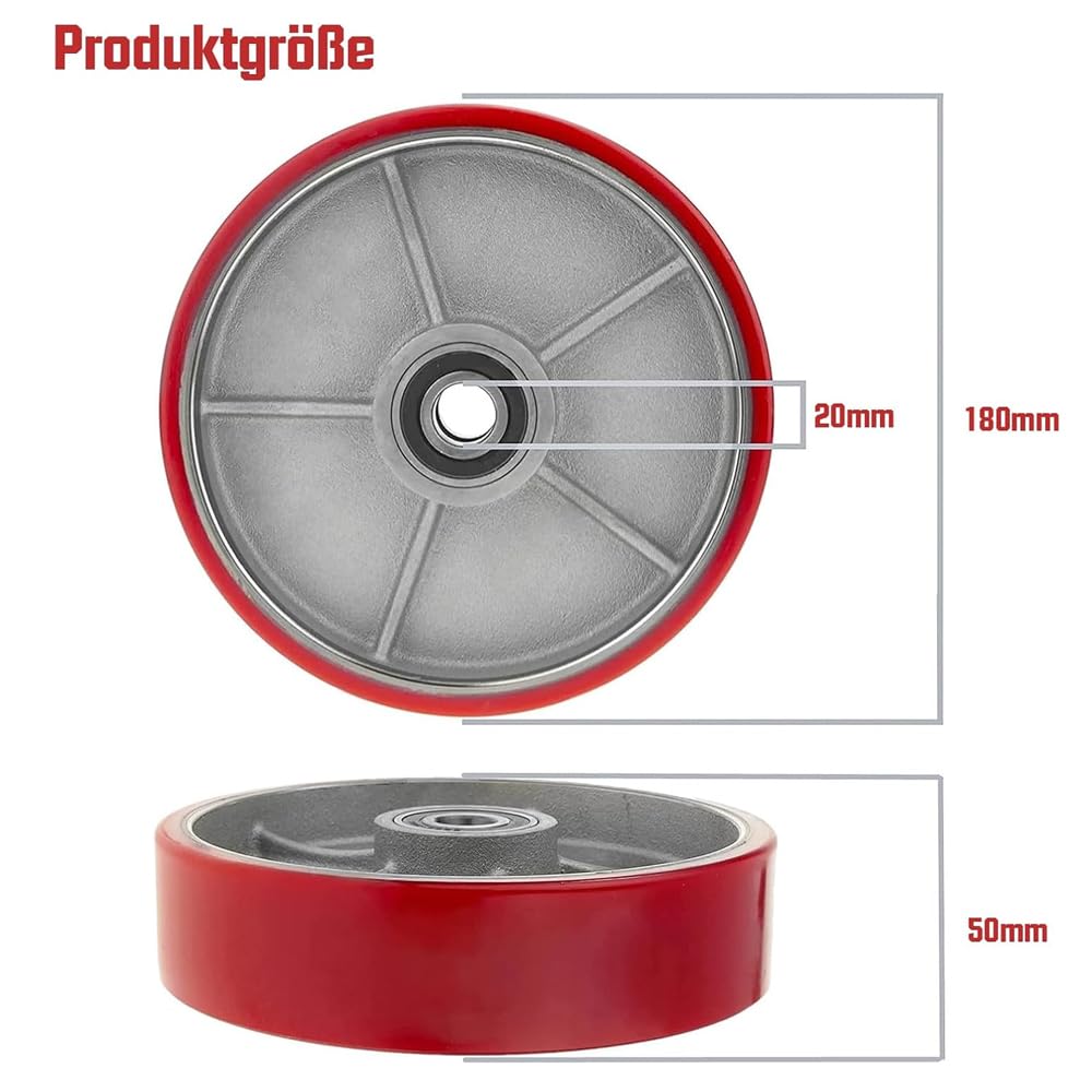 2 Pezzi Ruota per Carrello Polyuretano 180x50mm Pallit Ruota Girevole Rossa Asse Ø 20mm incl. Cuscinetto a Sfera per Ruote di Ricambio per Carrello