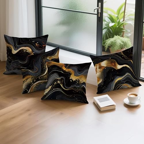 Miniatura 9 de OBSEDE Juego de 4 fundas de almohada abstractas de mármol negro dorado de 18 x 18 pulgadas, fundas de cojín para sofá, cama, sala de estar,