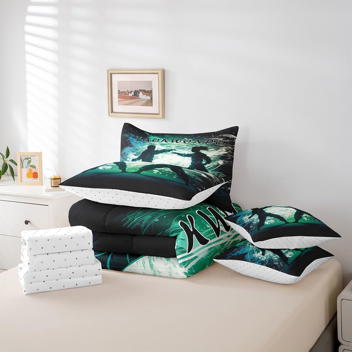 Erosebridal Taekwondo Queen Bedding Set with Sheets,Japanese Anime Style Bed Set 7 Piece for Boys Teen Kids Bedroom Decor,Sports Themed Comforter Sets with Fitted Sheet,Flat Sheet,Pillowcases