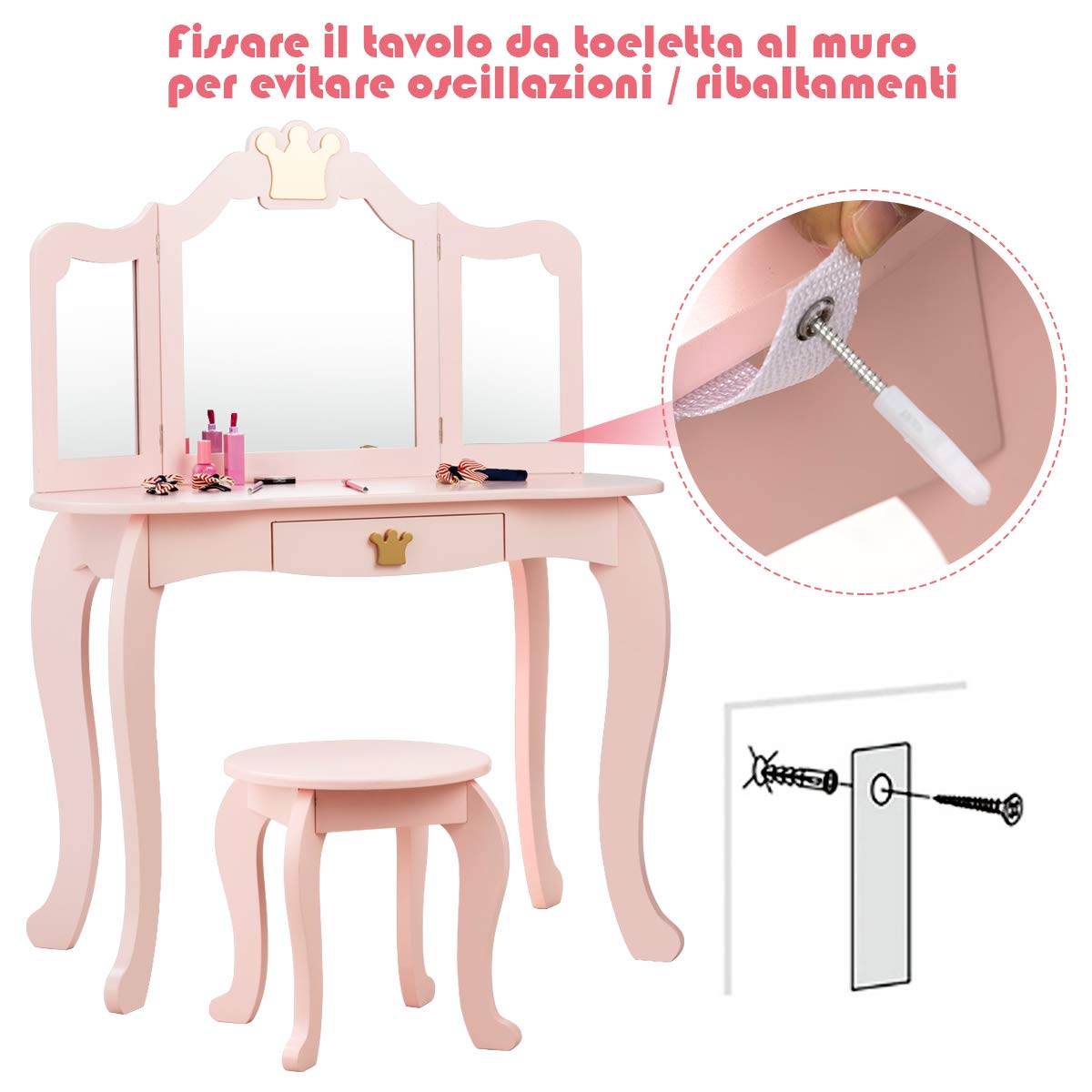 COSTWAY 2 in 1 Toeletta Trucco per Bambina 3+ Anni, Postazione Trucco Bambina a 3 Parti Rimovibile, Set in Legno di Pino con Sgabello, Cassetto e Dispositivo Anti-ribaltamento, per Cameretta (ROSA)
