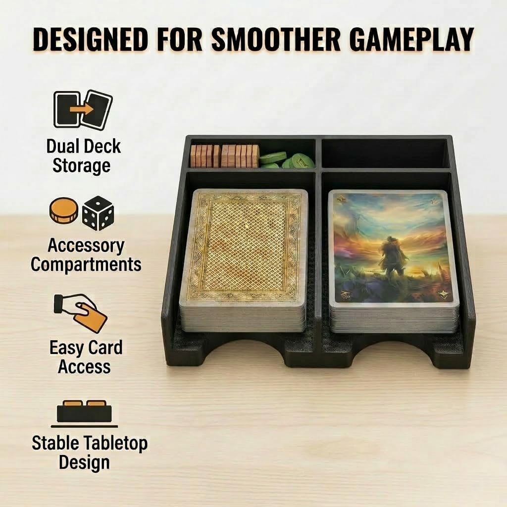 Tabletop Card Deck Tray for Board Games – Dual Card Organizer with Storage Compartments, Standard Size Playing Card Holder for TCG, Family Games & Game Night Accessories (Black)