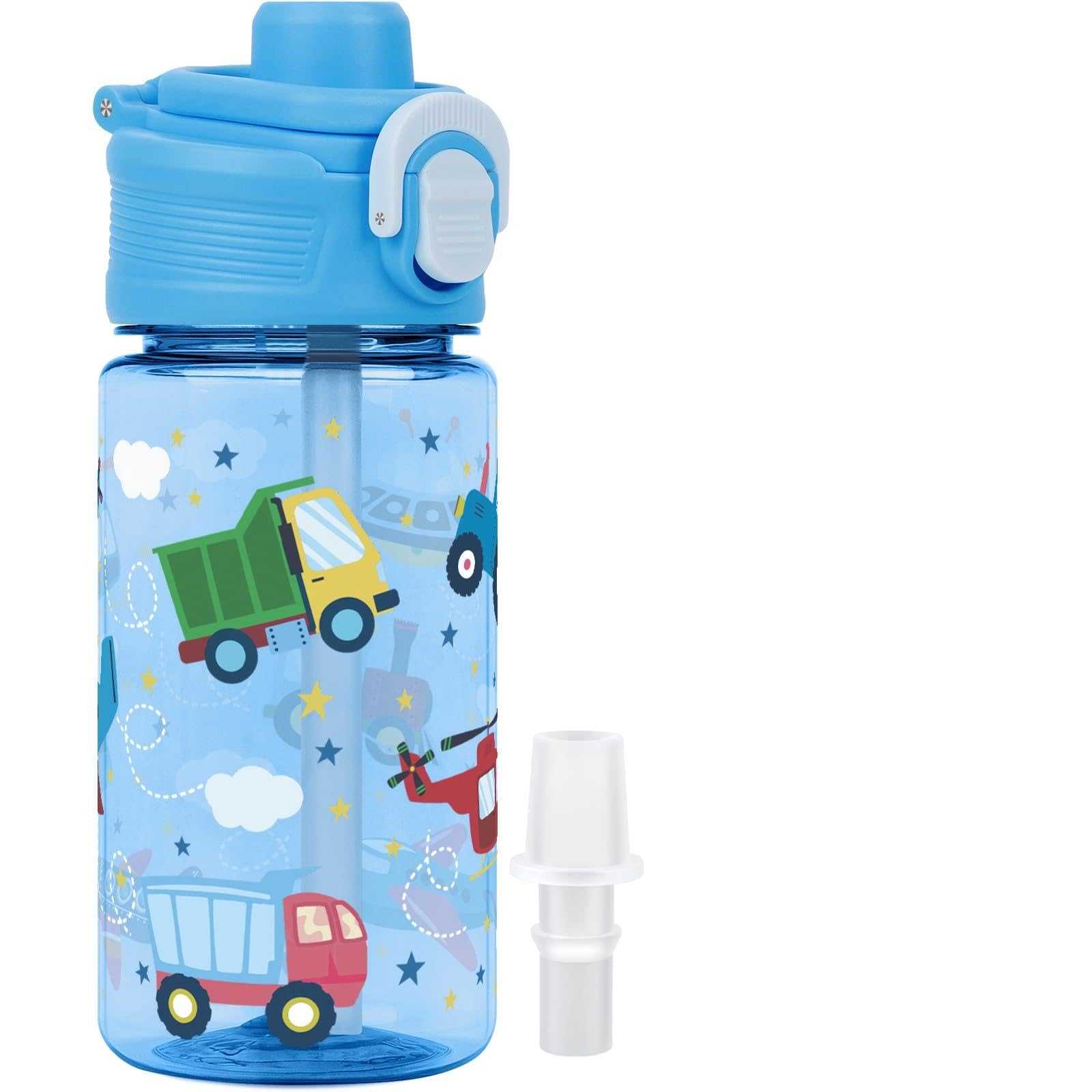 omedecal Kids Water Bottles with Straw, 380ml Boys Girls Leakproof Water Bottle with Bite-to-Sip Spout, Secure Lock and Carry Handle, Bpa-Free for Kids Nursery Sports School - Transportation