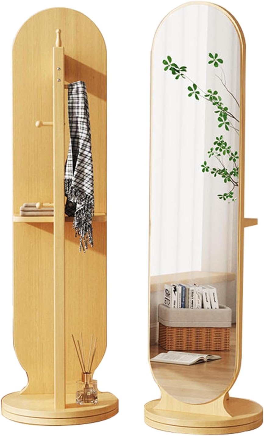 Floor-Standing Solid Wood Rotating Coat Rack，Full Length Mirror with Coat Rack - 2-in-1 Freestanding Floor Mirror with 360° Rotating Base, Hooks & Shelves for Living Room, Bedroom & Hallway