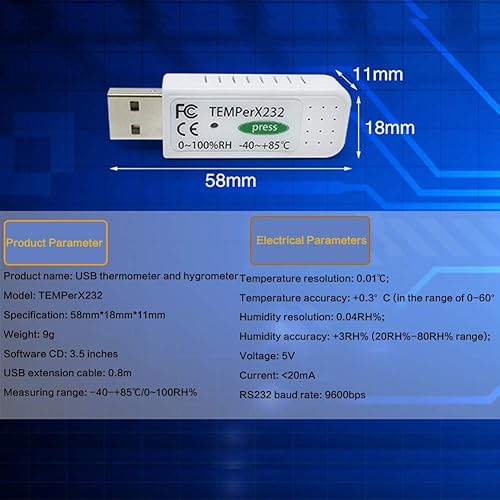 Miniatura 6 de Medidor de humedad de temperatura USB con sonda externa para Linux RS232 Desarrollo secundario alarma de correo electrónico (TEMPerX232)