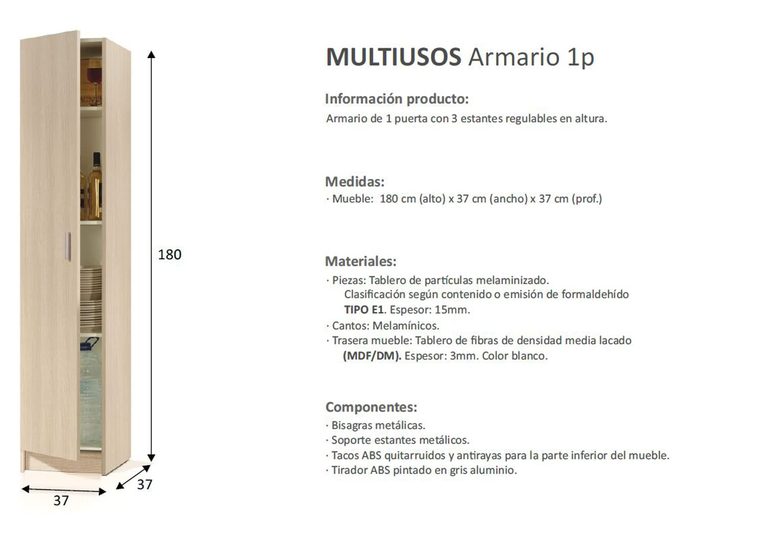Armario Escobero Acabado Roble Natural 182 x 37 x 37 cm de Profundidad, con Colgadores Incluidos