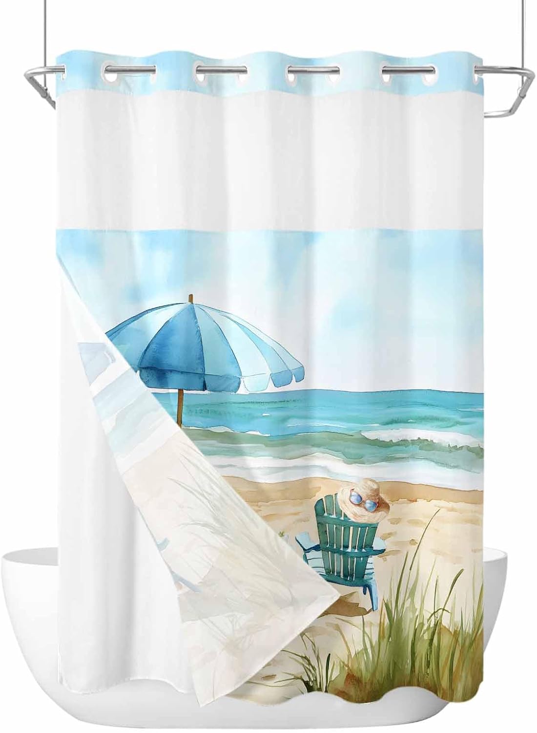 No Hook Shower Curtain with Snap in Fabric Liner Set-Seaside Blue Beach Chair Hat Bathroom Curtains with See Through Mesh Top Window,Summer Ocean Beach Waterproof Double Shower Curtain 60x72In