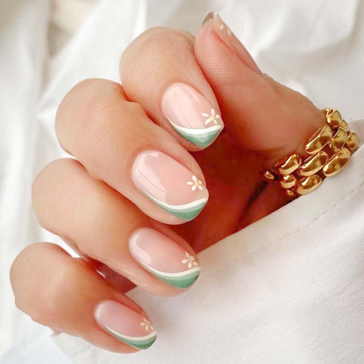 French Tip Press on Nails Short Pink Fake Nails with Green