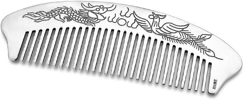 BUYT Women's Antique Comb, Dragon and Phoenix Comb with Phoenix Pattern, 999 Sterling Silver Hand Comb, Massage Scraping Comb, Ladies