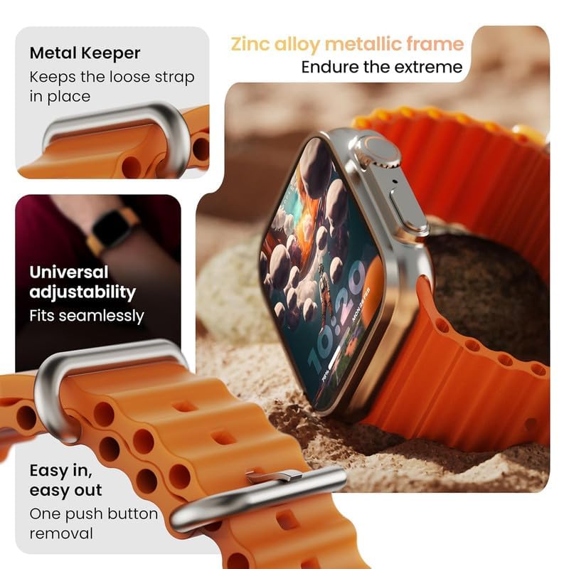 Close-up of the smartwatch strap and frame, highlighting the metal keeper, zinc alloy metallic frame, universal adjustability, and easy strap removal.