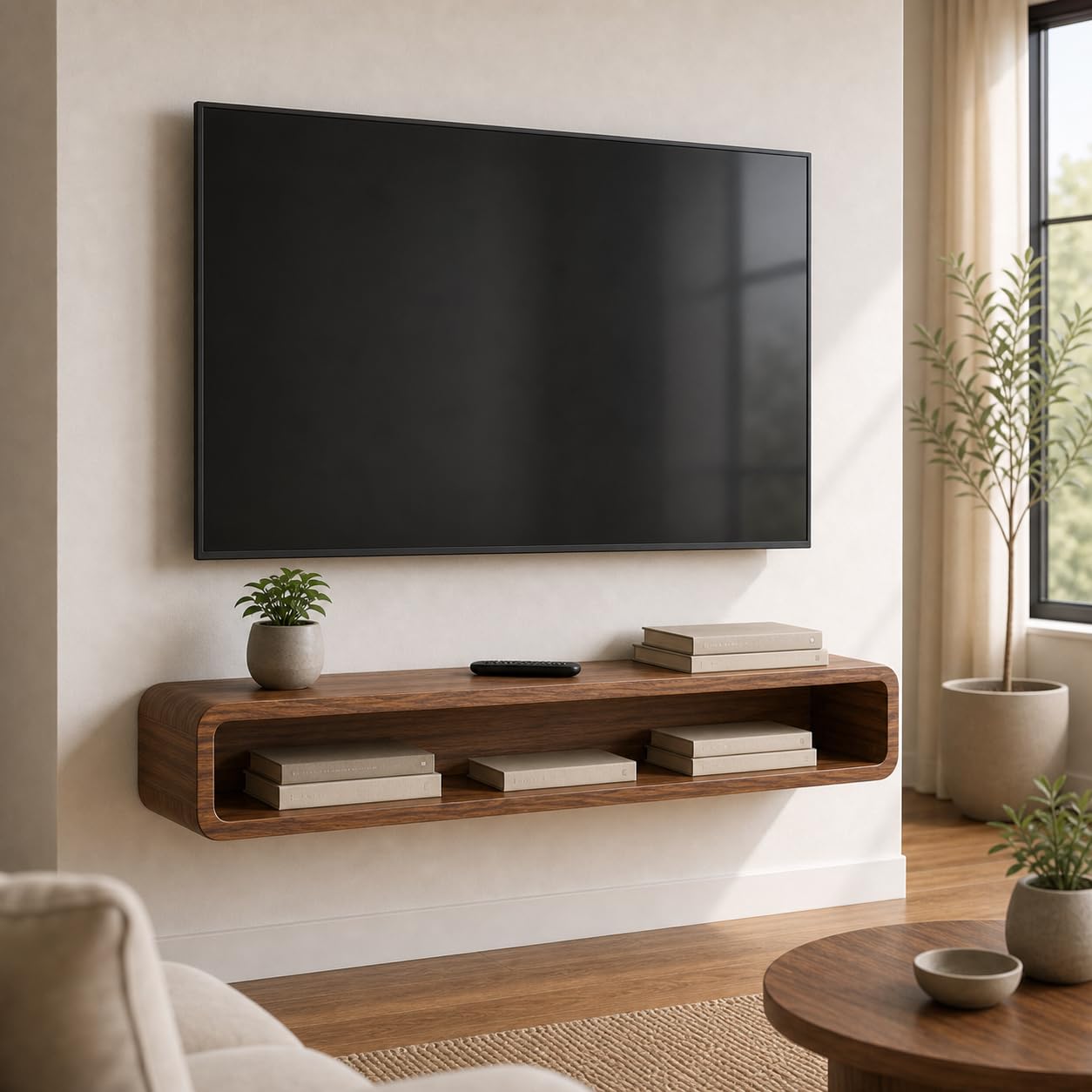 100 CM Solid Wood Floating Wall-Mounted TV Unit with Open Storage Shelf | Entertainment Floating Shelf for Living Room | Natural Finish-image-19
