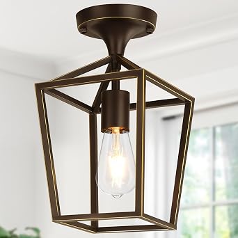 UpgradedSemi Flush Mount Ceiling Light,Brown Industrial Ceiling Light Fixtures, Farmhouse Light Fixture for Hallway Stairway Garage Living Room Dining Room BalconyNot waterproof, Not for Outdoor