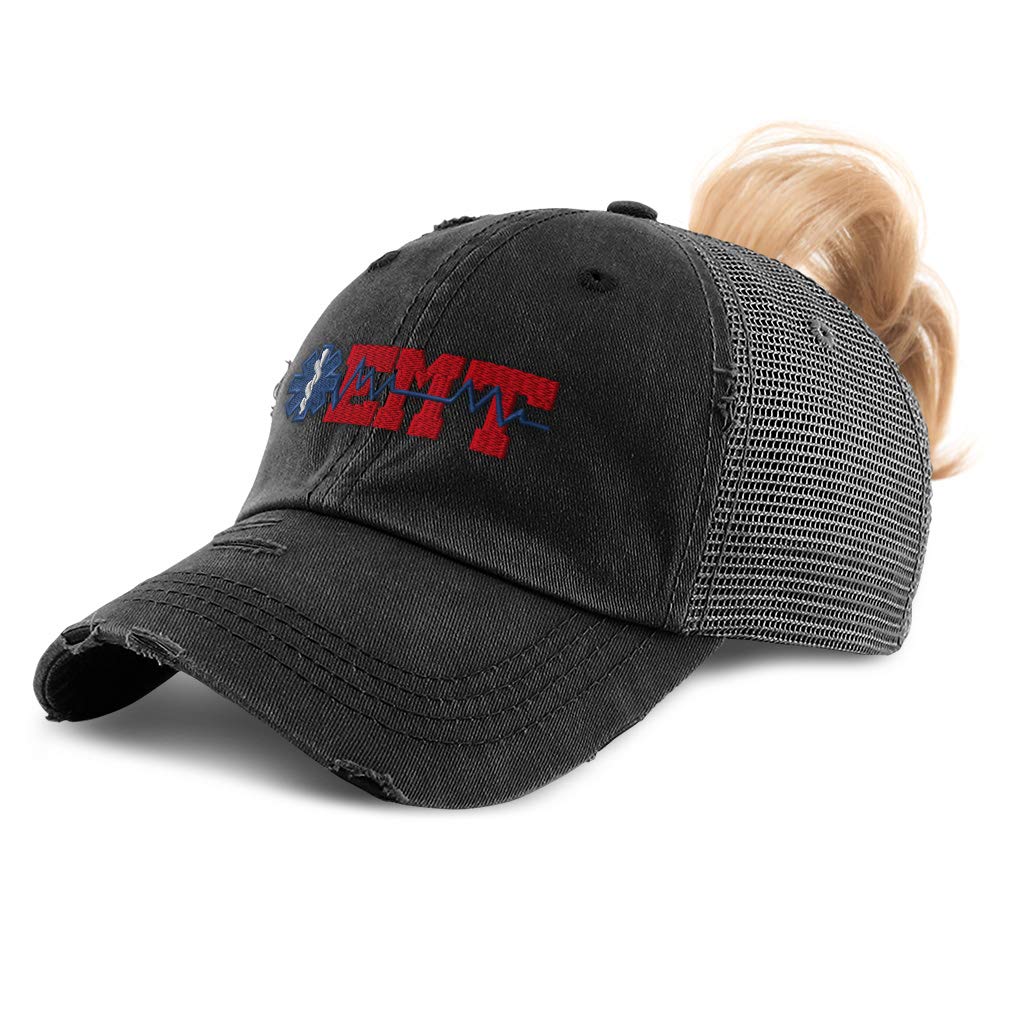 Custom Womens Ponytail Cap EMT Paramedic Embroidery Distressed Trucker Hats
