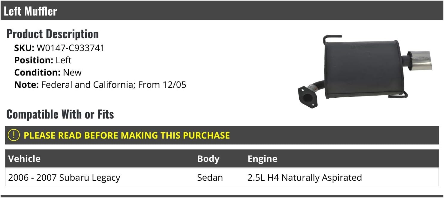 Left Driver Side Muffler - Compatible with 2006-2007 Subaru Legacy Sedan 2.5L 4-Cyldiner Naturally Aspirated (from 12/2005)