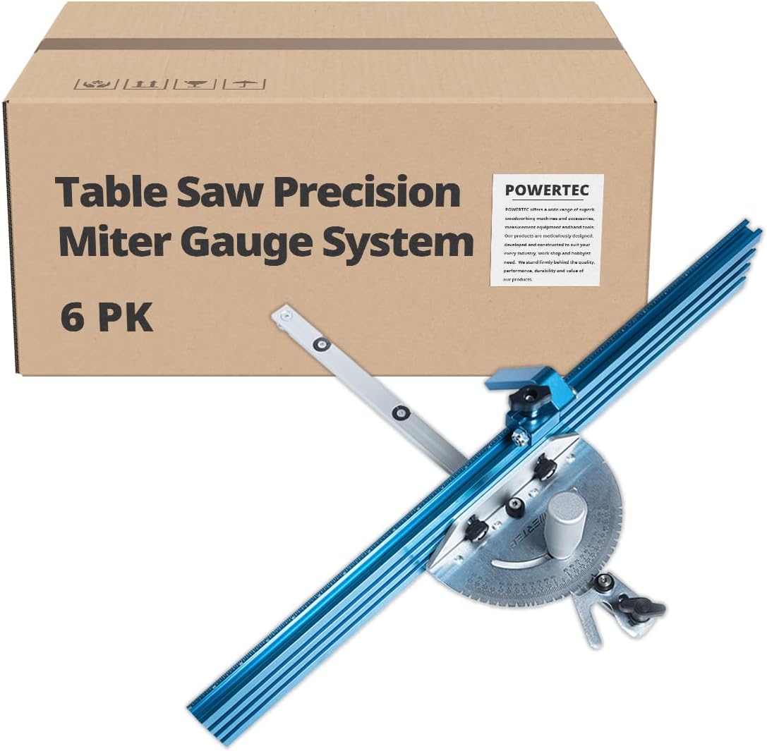 POWERTECTable Saw Precision Miter Gauge System w/27 Angle Stops & 3/4"x3/8" T-Slotted Miter Bar w/Removable T-Slot Plate; Includes 24"x3" Multi Tâ€“Track Fence, Flip Stop, Case of 6 Sets