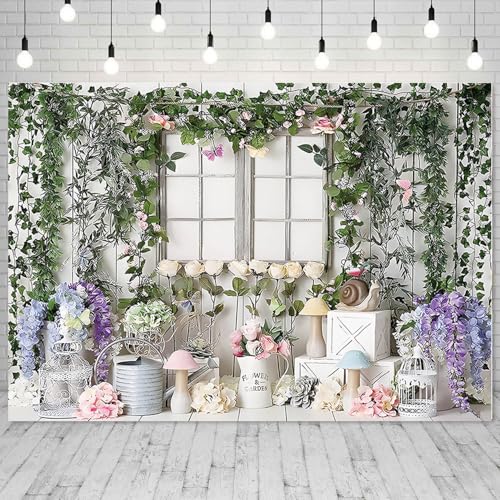 Spring Green Leaves Flower Backdrop 7x5ft Fabric Rustic Style White