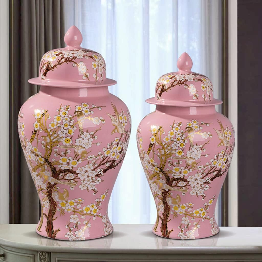 Flower Pattern Ceramic Ginger Jar with Lid - Handicraft Porcelain Temple Jar Vase, Decorative Ornament for Home, Cafe Desktop & Bedroom