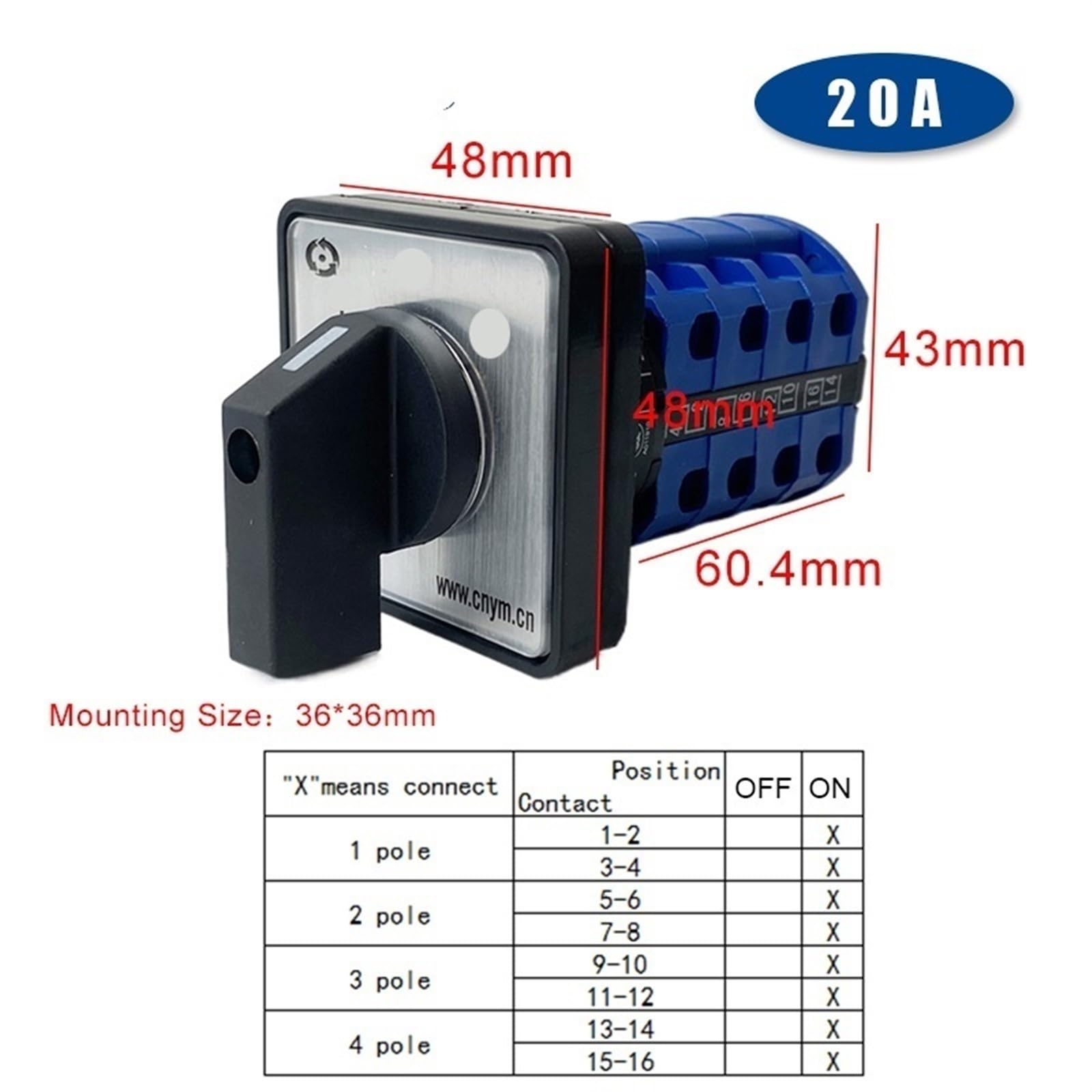 Commutatore Elettrico a camma rotativa con commutatore Elettrico a 4 Poli 20A 2/3/4/5 Posizioni contatti Argento YMW26 LW26-20/4 (Size : off-ON)