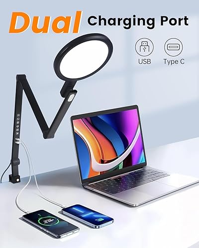 Miniatura 3 de Lámpara de escritorio con abrazadera, lámpara de escritorio de oficina para el cuidado de los ojos con puertos de carga USB, 1200LM 5 temperaturas