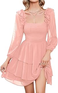 Women's Smocked Ruffle Mini Dress Square Neck Long Sleeve Party Dress Cute Cottagecore Wedding Guest Dress - Buy now