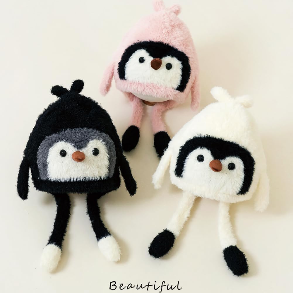 Girls Penguin Knit Hat Boys Cartoon Warm Fuzzy Beanie Winter Novelty Fleece Lining Cap with Ear Flap 2-9 Years