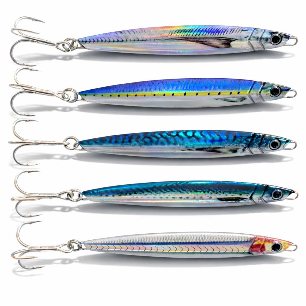 5er Set Angelköder Metal Jigs – 40g Pilker für Meerforelle, Wolfsbarsch, Makrele & Barsch – Schlanke Weitwurf-Köder mit holografischem Design & 3D-Augen – Salzwasserfest