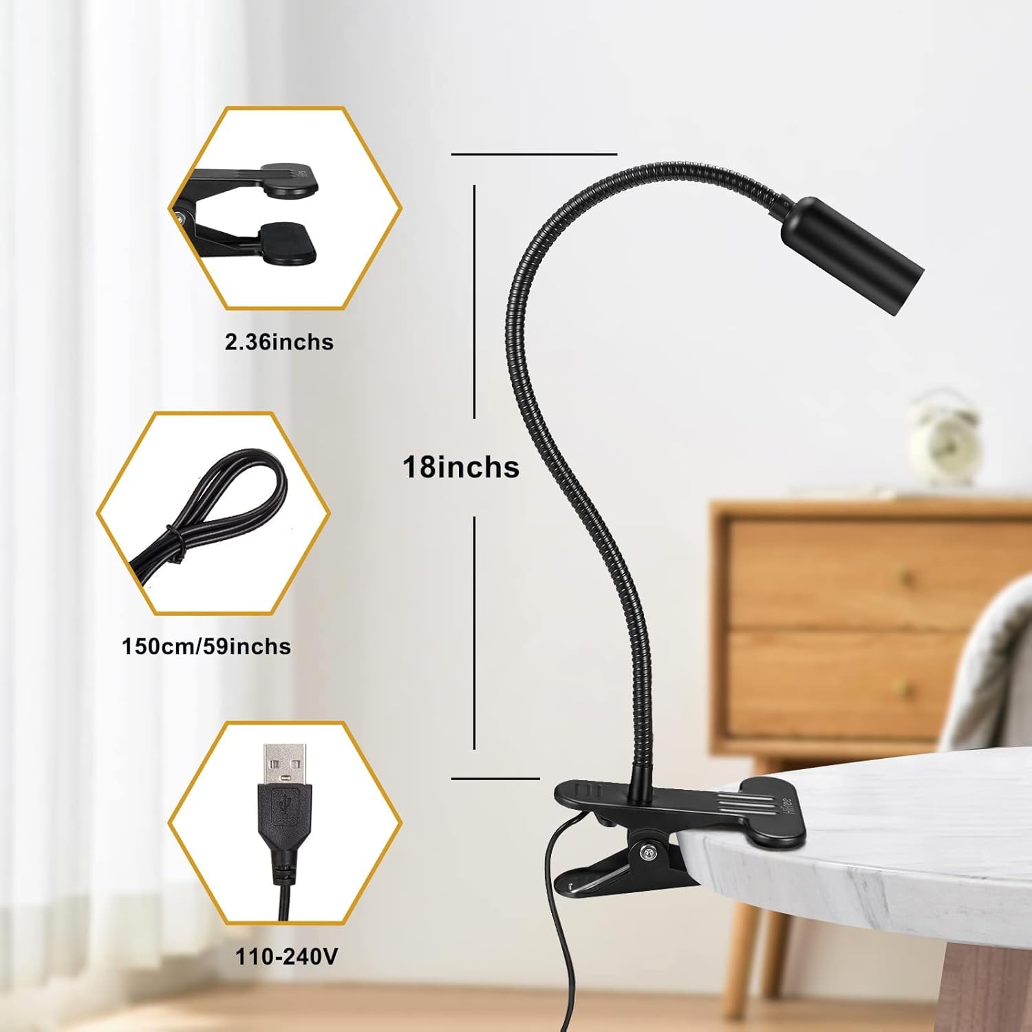Hifree 5W Led Lampara Lectura Cama, 10 Niveles Lampara Pinza Cabecero Cama, Usb Interface Lampara para Leer en La Cama es adecuado para el Aprendizaje, Manicura, Manualidades, Maquillaje