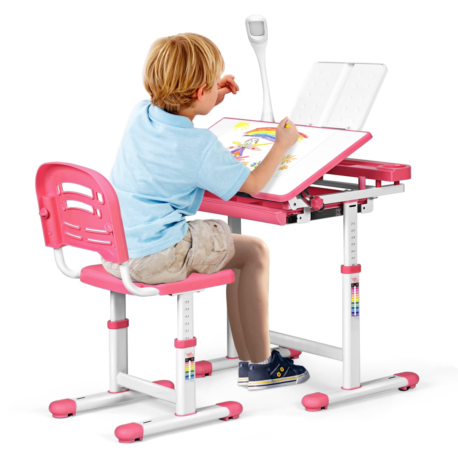 RELAX4LIFE Höhenverstellbarer Kinderschreibtisch mit Stuhl, Schülerschreibtisch mit Augenschutzlampe, Schreibtischset mit Verstellbarer Rückenlehne, Kindertisch mit kippbarer Tischplatte (Rosa)