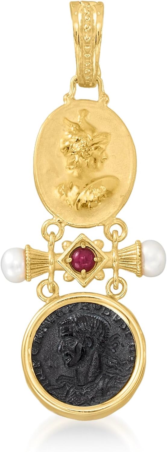 Ross-Simons Italian Tagliamonte Carved Black Onyx and .30 Carat Ruby Pendant With Cultured Pearls in 18kt Gold Over Sterling
