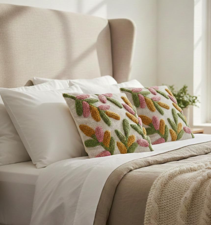 Image of Furnistitchs Premium Decorative Throw Cushion Pillow Cover Boho Home Decor - Living Room Bedroom Couch Sofa Cushion Covers 16 inch x 16 inch (2, Green Leaves)