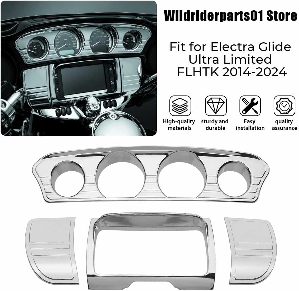 Inner Fairing Dashboard Trim Fits for 2014-Later Harley Touring Electra Glide Street Glide Ultra limited,Gauge and Radio Kit and Stereo Faceplate Trim Bezel,Chrome