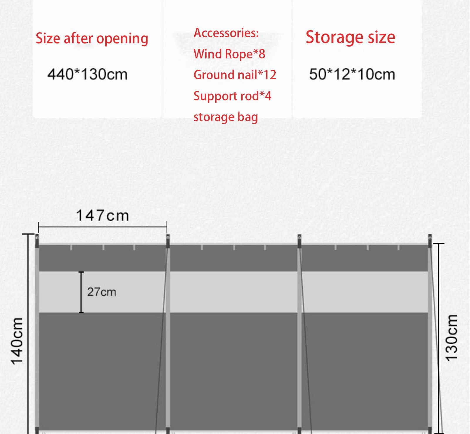 Brise-vent portable avec fenêtre pour camping, festivals et jardins, design à 3 panneaux avec brise-vue avec poteaux 440 x 130 cm