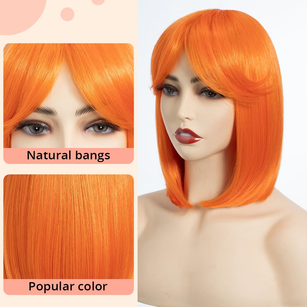 DÉBUT Straight Bob Hair Orange Wig with Fringe for Women Heat Resistant Synthetic Glueless Lace Wigs with Bangs for Daily Party Cosplay Wear(10 inches - Image 3