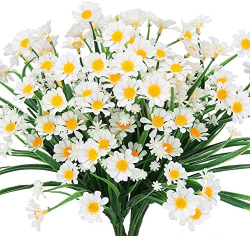 TEMCHY Artificial Daisies Flowers Outdoor UV Resistant 4 Bundles Fake Foliage Greenery Faux Plants Shrubs Plastic Bushes for Window Box Hanging Planter Farmhouse Indoor Outside Decor(White)