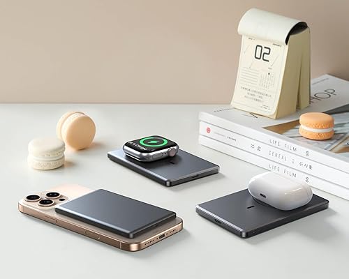Miniatura 3 de Cargador portátil magnético ultradelgado, cargador portátil inalámbrico de 5,000 mAh con cable USB-C, batería para Apple Watch, cargador magnético