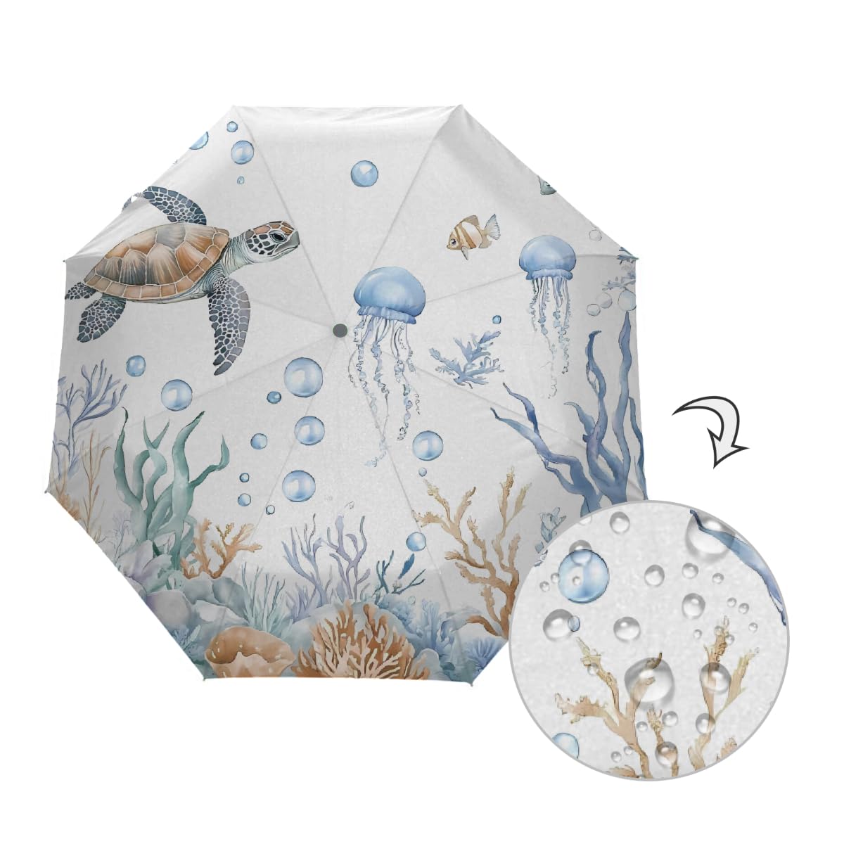 Ombrello pieghevole con tartaruga marina e medusa, ombrello da viaggio, compatto, antivento, impermeabile, con protezione UV, rivestimento nero, leggero, 8 costine, portatile, per pioggia e