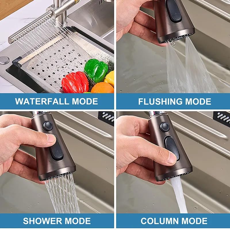 Image of B Backline Brass Waterfall Kitchen Sink Hot & Cold Mixer Tap /Faucet 360 Rotatable Pull Out Kitchen Faucet Multi-Function Dual Spray Head Technology /Kitchen Sink Tap (Grey Matt)