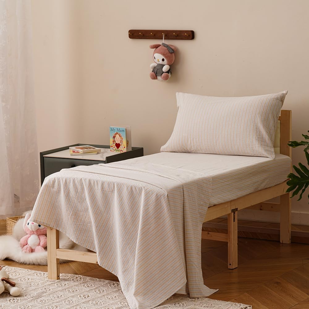 CLOTHKNOW 4Pieces Striped Washed Cotton Toddler Bedding Sets for Boys Girls, Beige Khaki Stripes Pattern, Soft Crib Bed Set Including Comforter, Flat Sheet, Fitted Sheet and Pillowcase
