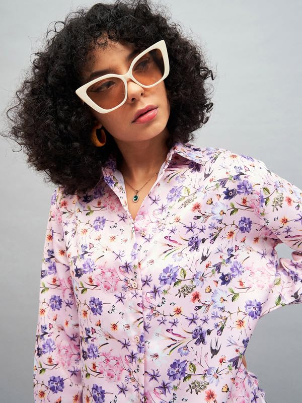 Image of SASSAFRAS Women Satin Floral Oversized Shirt