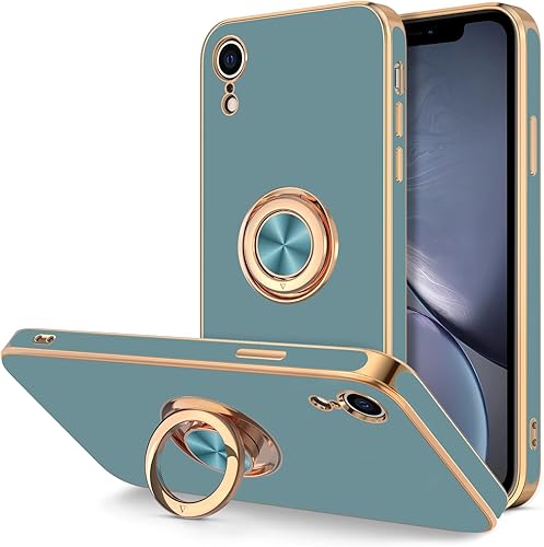Hython Funda para iPhone XR, cubierta protectora de TPU suave chapado en gris azul brillante con soporte de anillo giratorio de 360, soporte