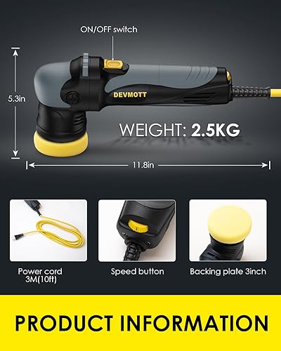Miniatura 5 de Mini pulidora 750 W  Pulidora orbital aleatoria de 3 pulgadas con órbita de 0.47 pulgadas  Peso 4.6 libras, 6 velocidades 2000-6500 OPM  Pulidora de