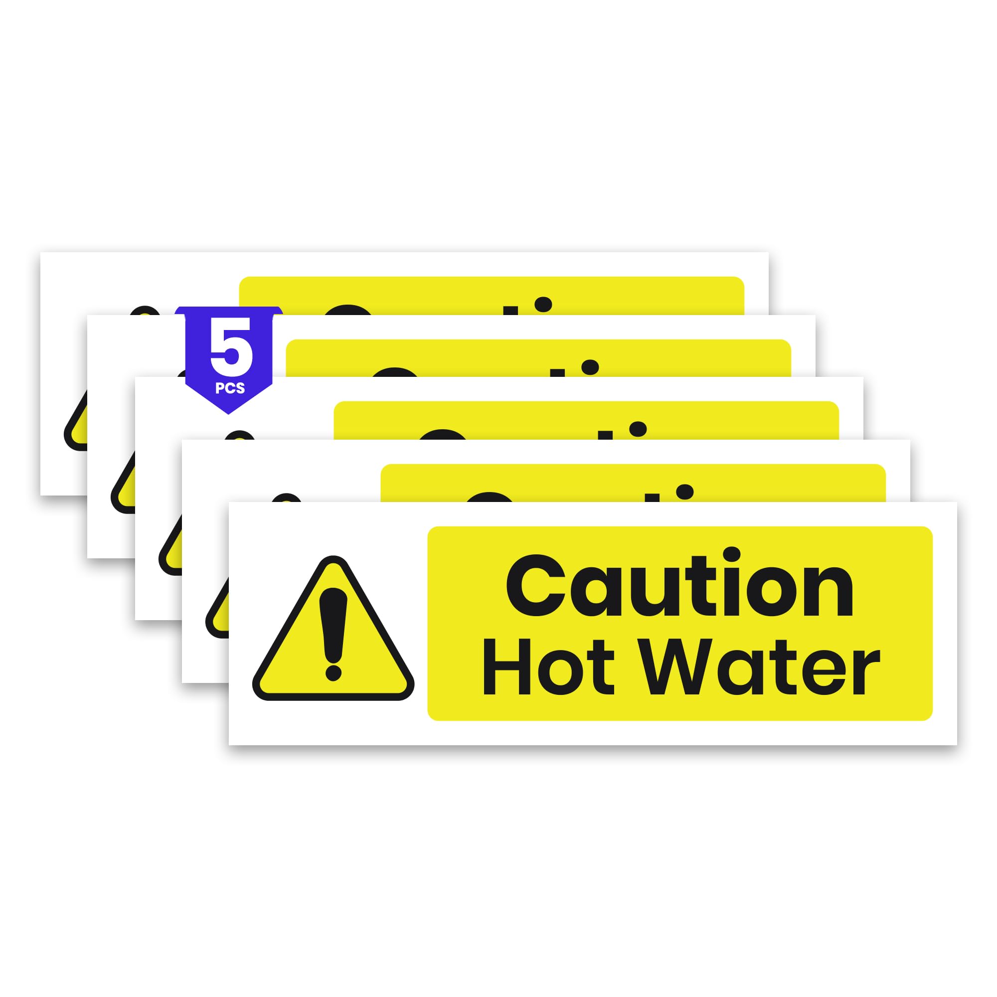 Stcky 5 x Caution Hot Water Stickers -150 x 50 mm Self Adhesive, Durable, & Weather Proof Hot Water Sign - ISO 7010 W017 Compliant